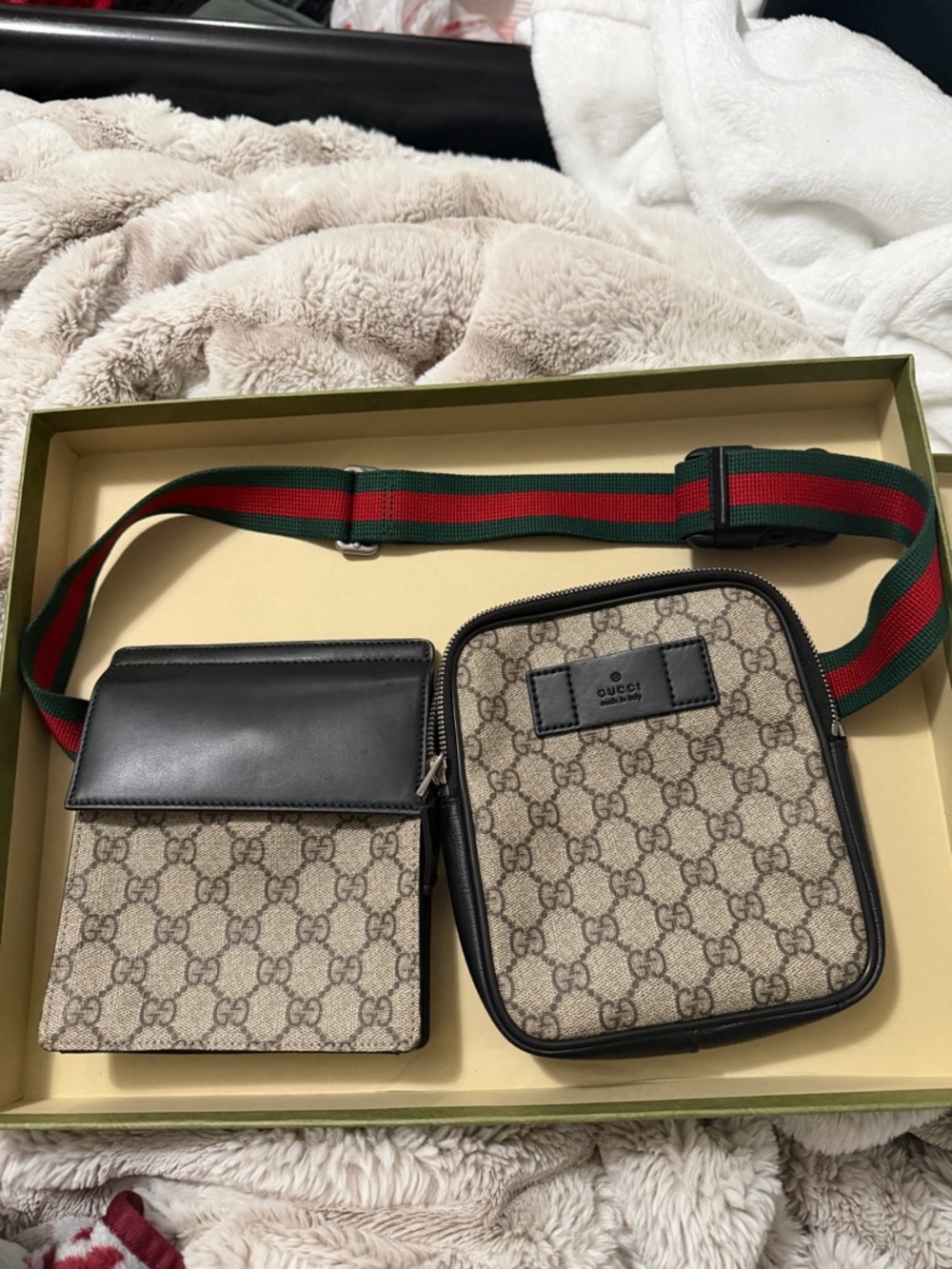 Gucci Beige GG Canvas Belt Bag with Black Leather and Red/Green Web Strap